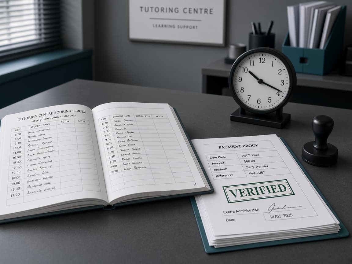 An open booking ledger, stamped payment proofs, and a clock on a centre desk.