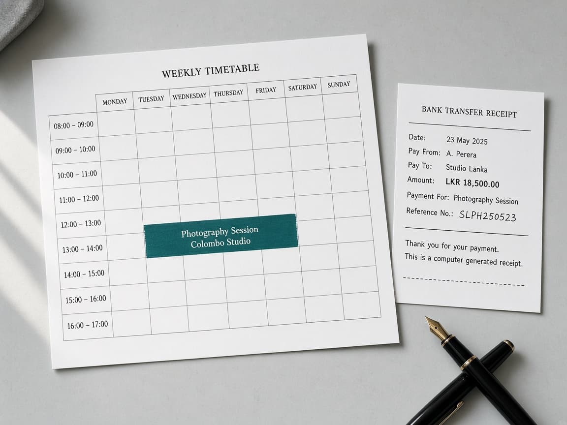 A printed weekly timetable and a bank transfer slip on a desk, with one session marked in lagoon ink.